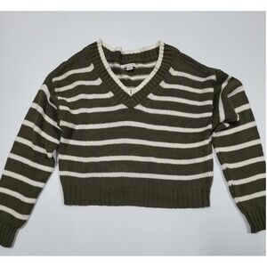 Y2K American Eagle Striped V-Neck Sweater Olive Green White‎ Knit Pullover XS